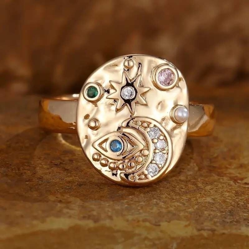 Celestial Ring Star Moon Evil Eye Gold Tone Statement Ring Band Size 6